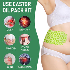 Plus-size castor oil patch on abdomen being positioned