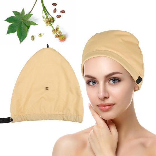 Overnight Castor Oil Pack Wrap on model wearing organic cotton cap