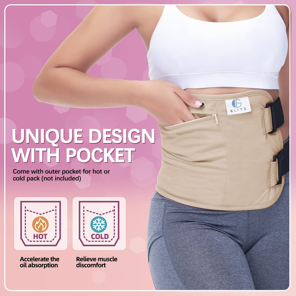 Velcro closures and adjustable fit on Castor Oil Pack Wrap