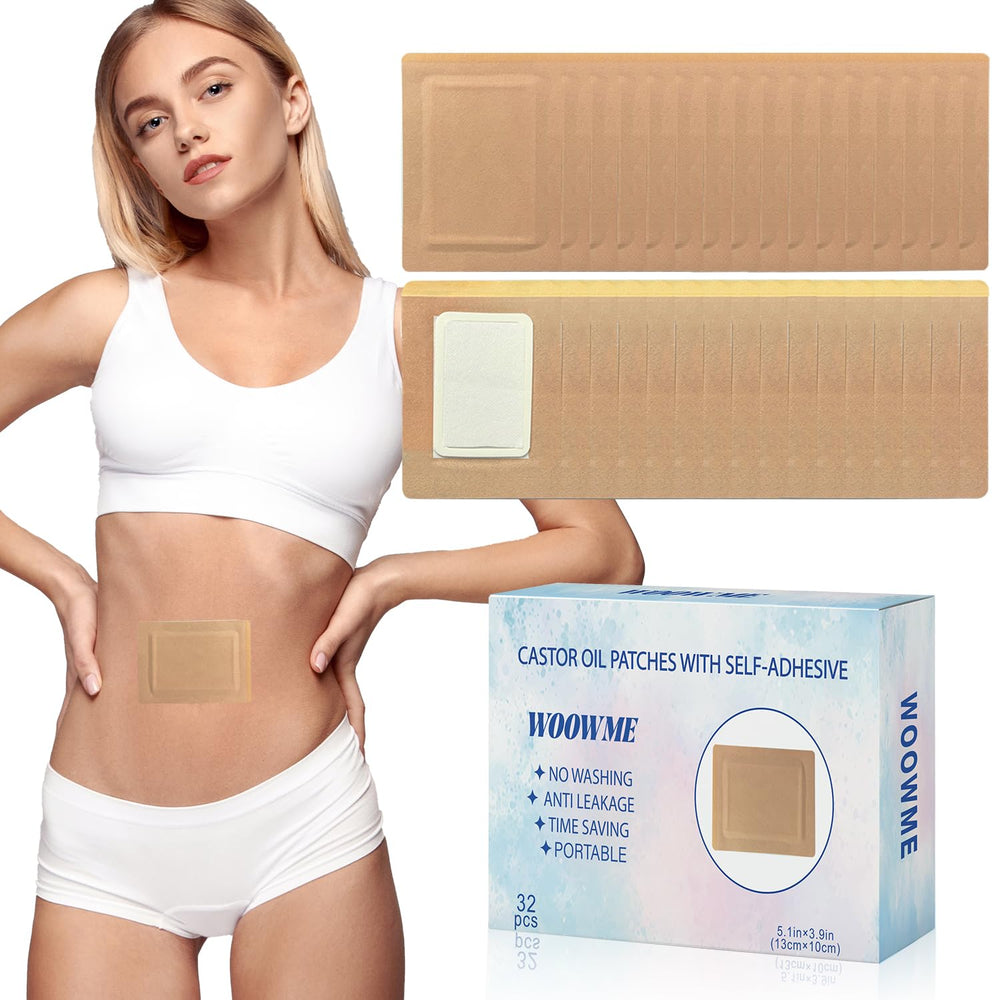 Pack shot of 32 disposable castor oil patches