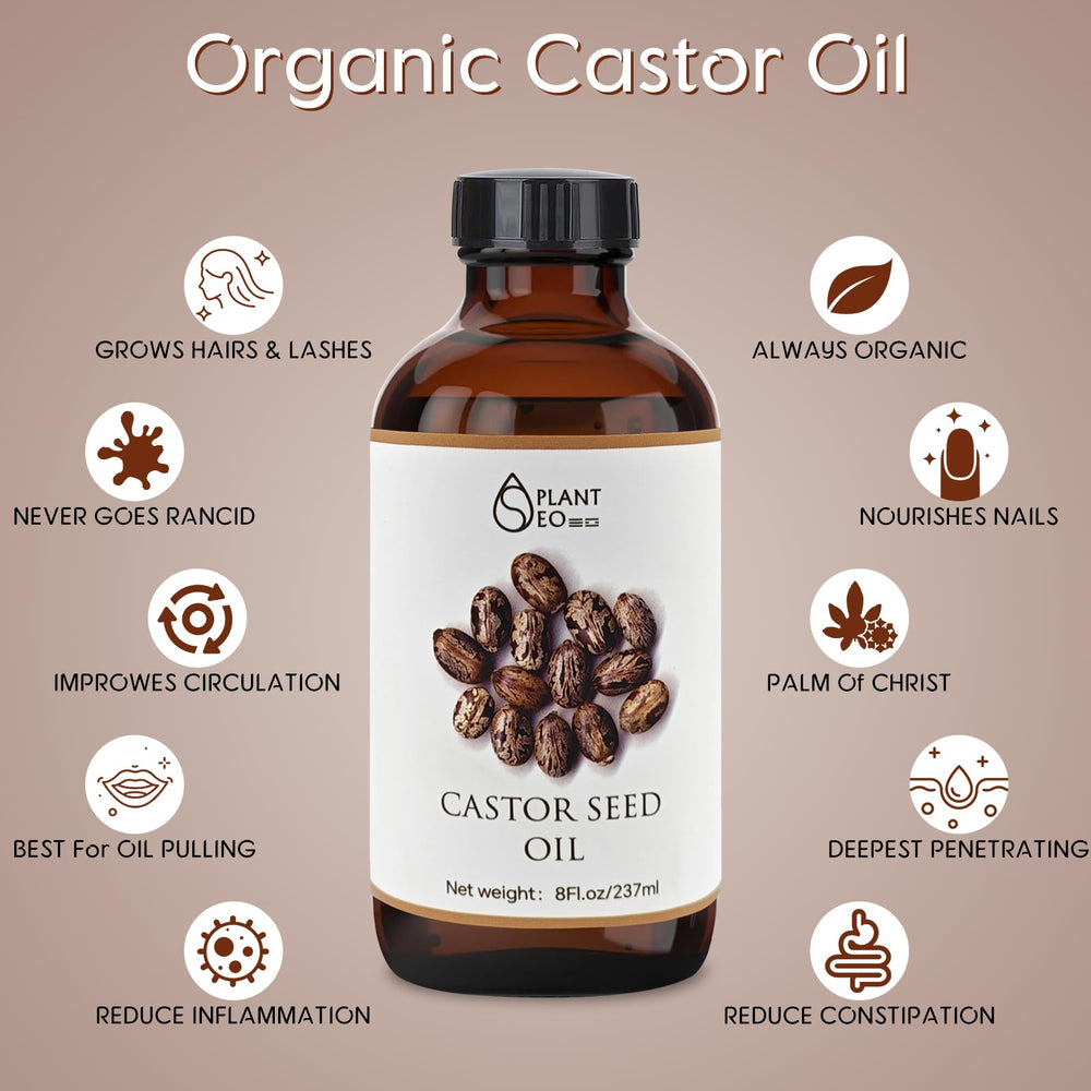 Amber glass bottle of 100% pure organic castor oil (8 oz / 237 ml)