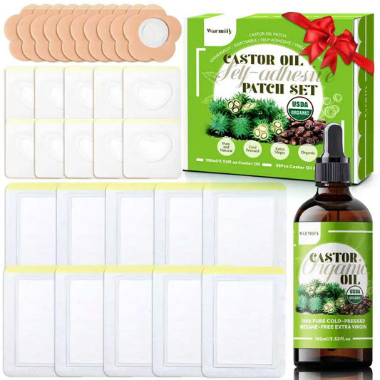 Castor oil patches kit with glass bottle and patches