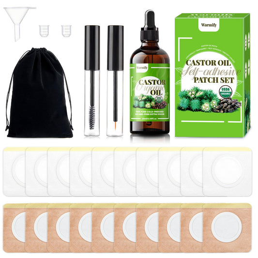 Castor oil patches kit with glass bottle and 20 self-adhesive patches