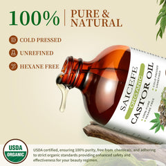 8 oz organic cold-pressed castor oil in amber glass bottle