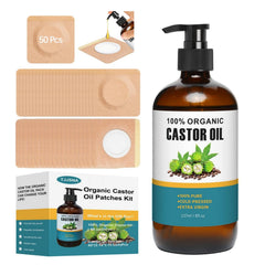 Castor oil patches kit with 50 patches and 8oz bottle