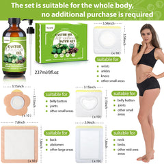 Pack contents showing 50 patches and glass bottle