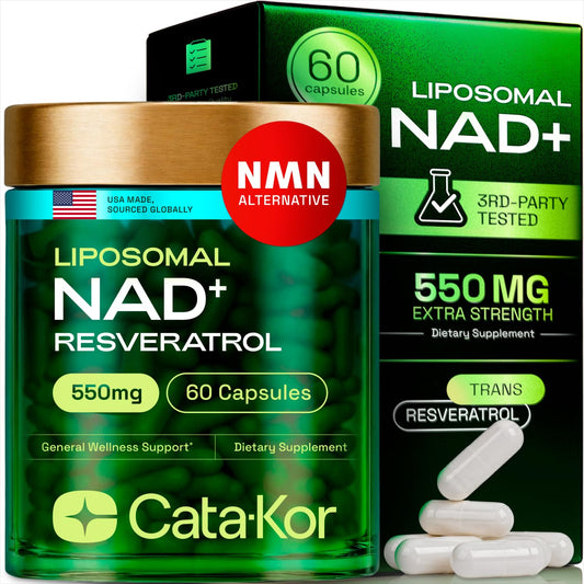 Front view of Cata-Kor Liposomal NAD+ with Resveratrol bottle