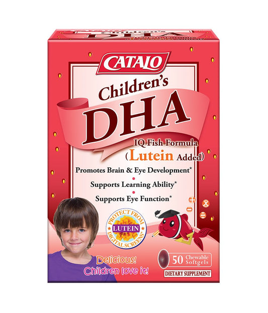 CATAL0 DHA IQ formula bottle label with strawberry-flavored chewables for kids