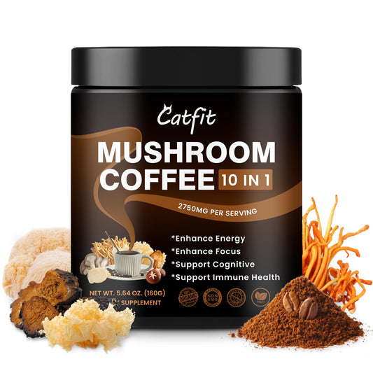 Catfit Mushroom Coffee Powder jar label showing 50 servings