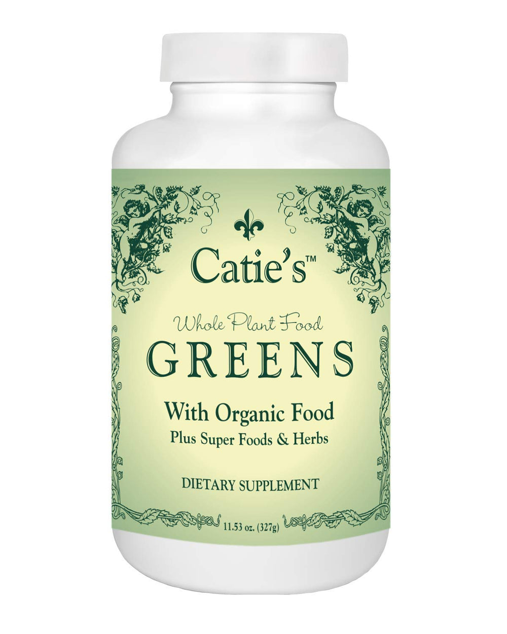 Front view of Catie's Organic Greens bottle