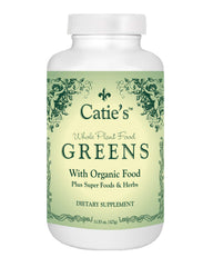 Front view of Catie's Organic Greens bottle