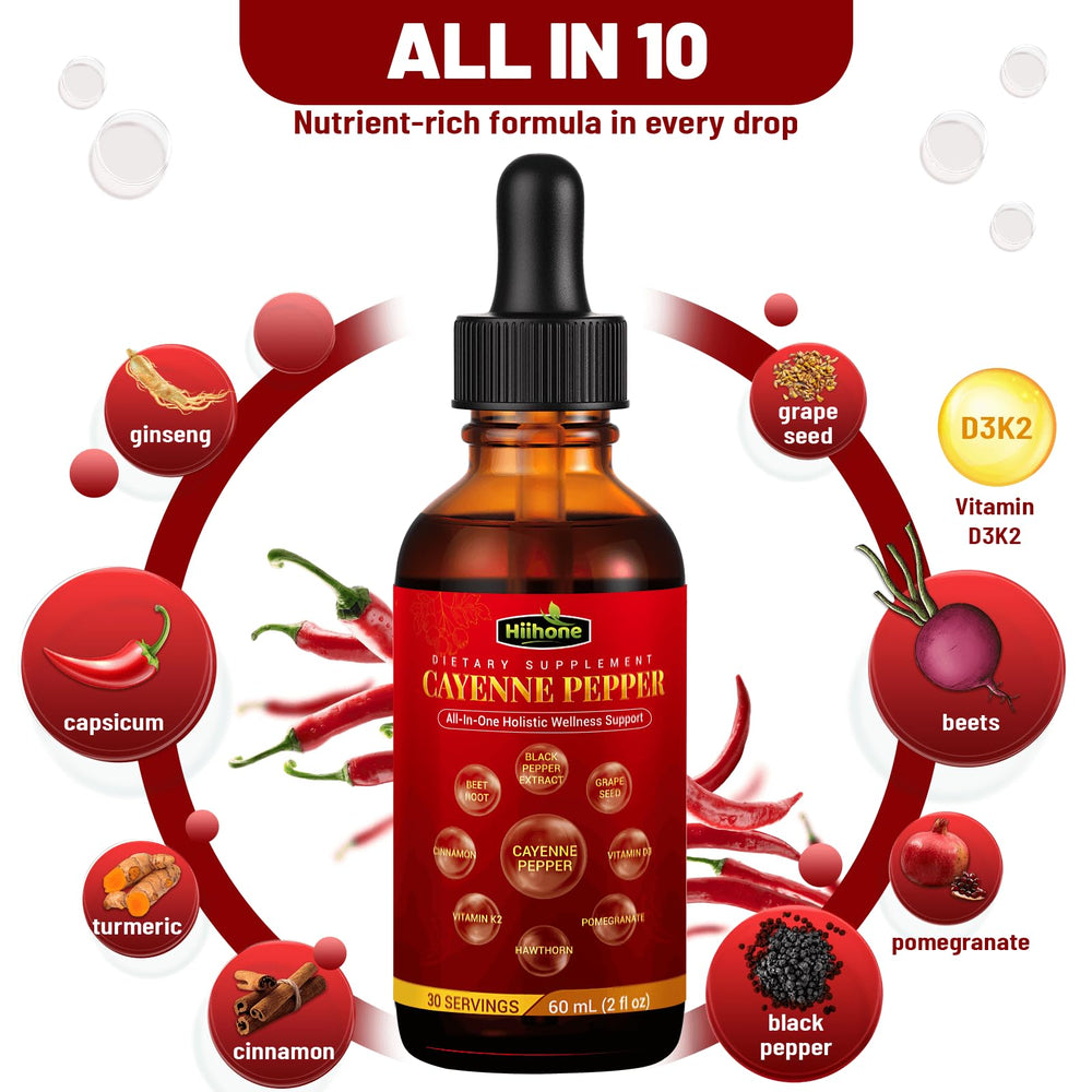 Close-up of cayenne drops ingredients including beet root and cinnamon