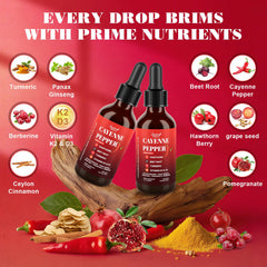 Close-up of cayenne drops ingredients: hawthorn, beet root, turmeric, vitamin K2 and D3