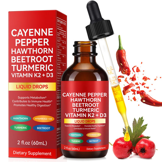Bottle of Cayenne Pepper Drops with hawthorn, beet root and turmeric