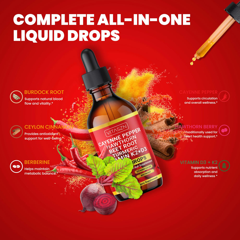 Graphic showing key ingredients: D3, K2, Turmeric, Cinnamon and Berberine