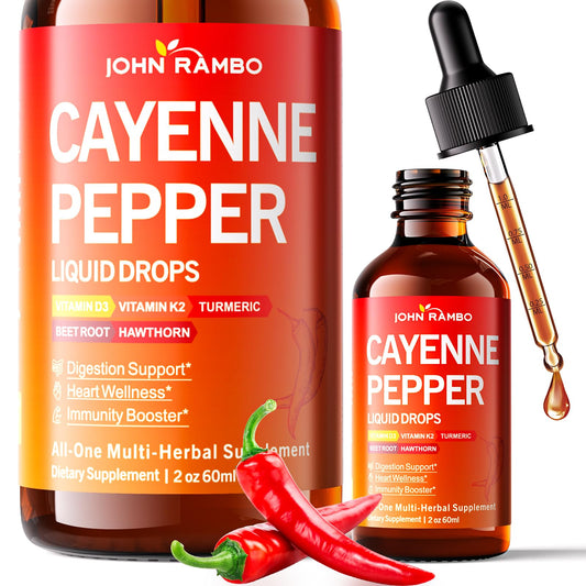 Front view of Cayenne Pepper Liquid Drops bottle with organic cayenne pepper ingredients