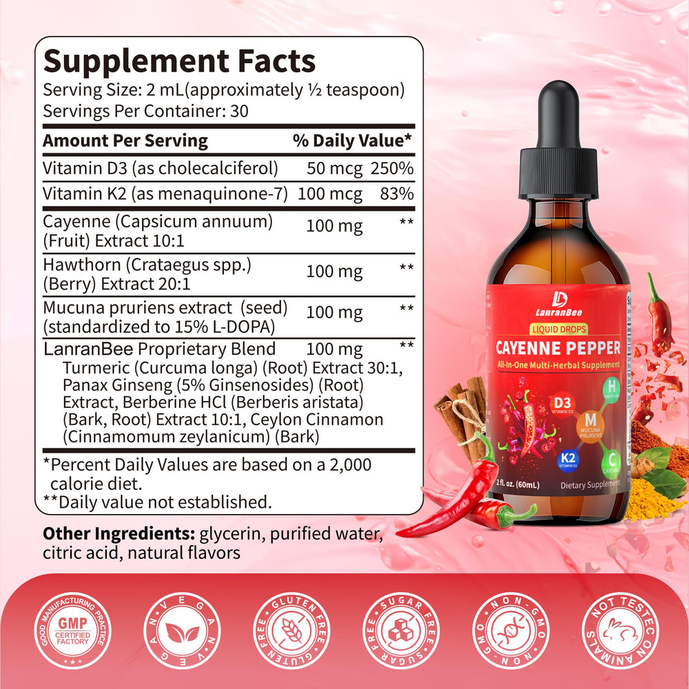 Close-up of Cayenne Pepper Liquid Drops bottle