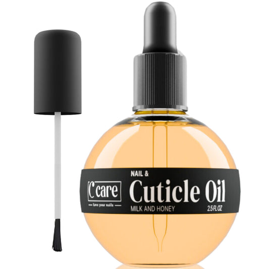 C CARE Milk and Honey Cuticle Oil bottle moisturizes nails for overnight care.