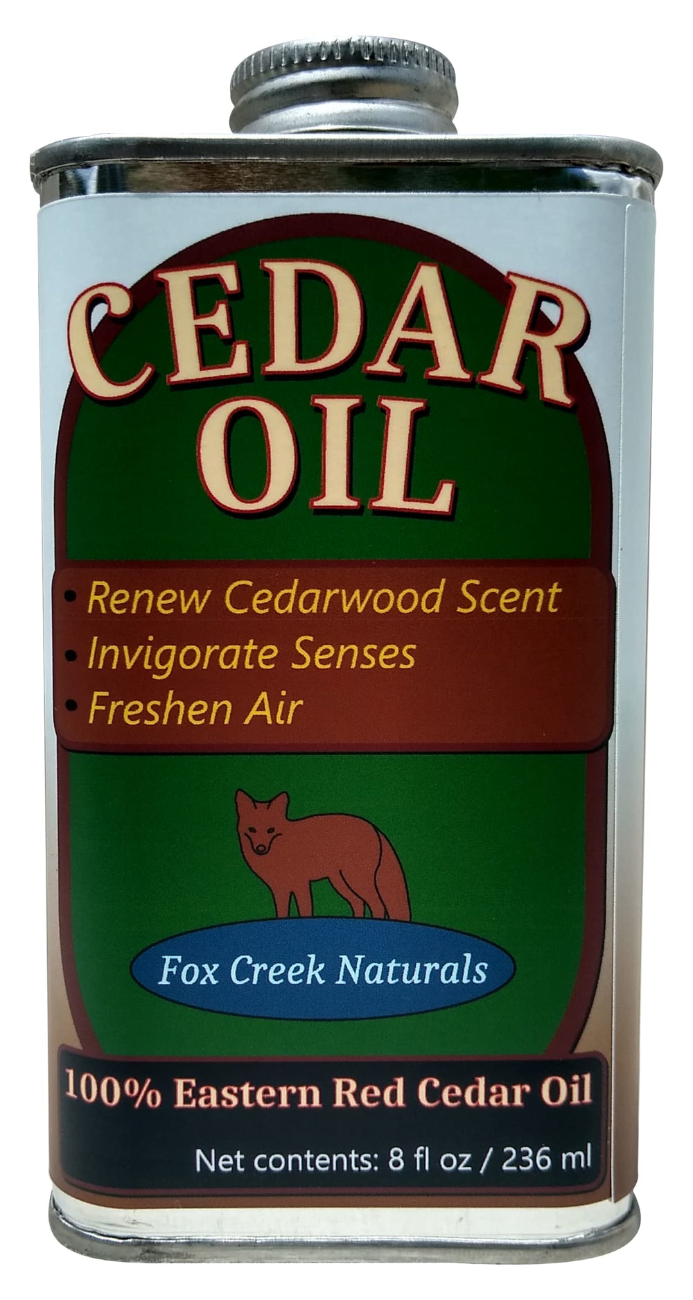 8oz can of Eastern Red Cedar Oil (Juniperus virginiana) from Fox Creek Cedar Oil
