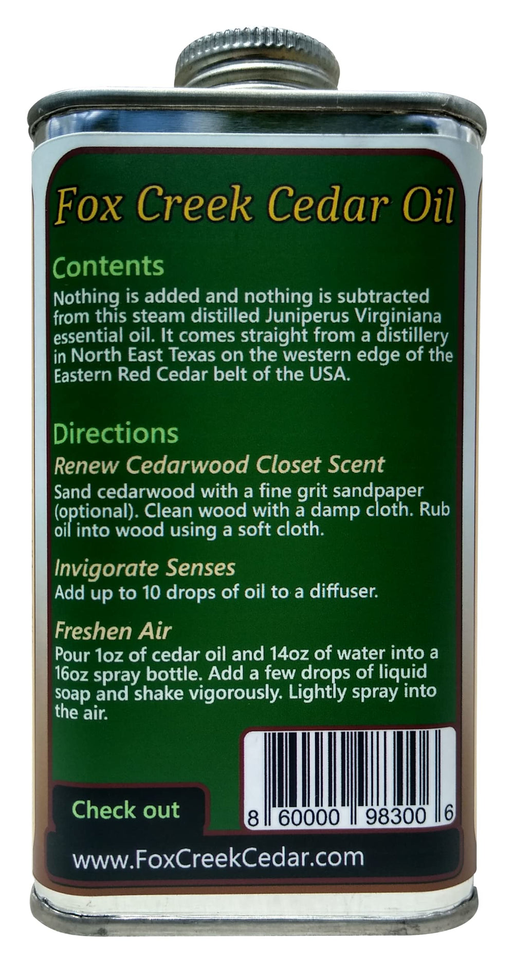 Close-up of the 8oz Cedar Oil can label