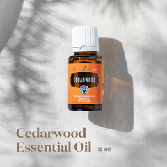 Close-up of Cedarwood Essential Oil 15ml bottle label