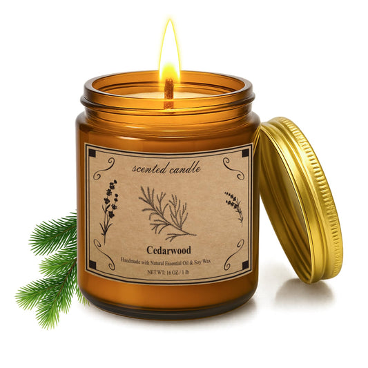 Cedarwood soy wax candle in a 16oz amber glass jar with a gold lid
