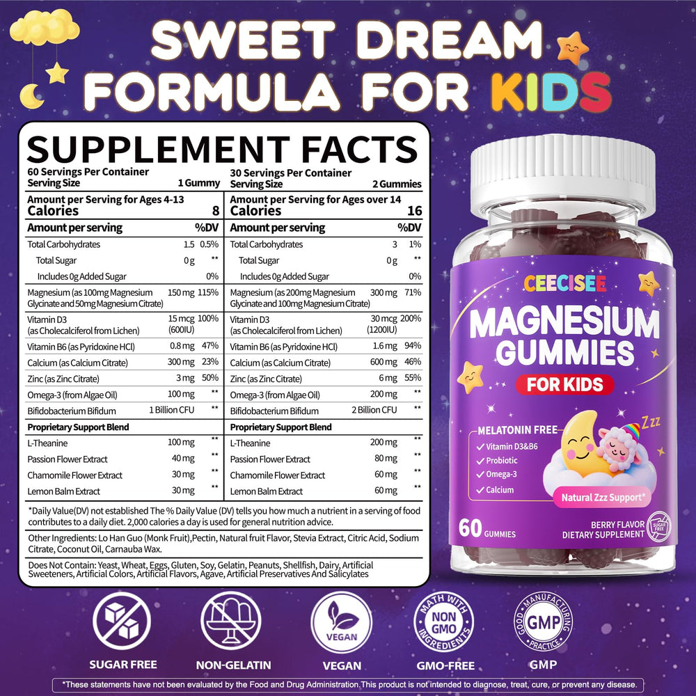 Close-up of ingredients including magnesium glycinate and citrate with vitamins B6 and D3
