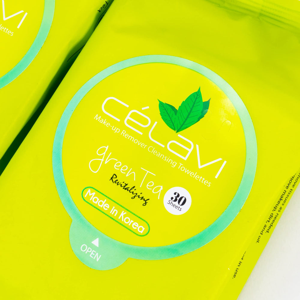 Celavi Green Tea remover wipes close-up, gentle cleansing for fresh skin.
