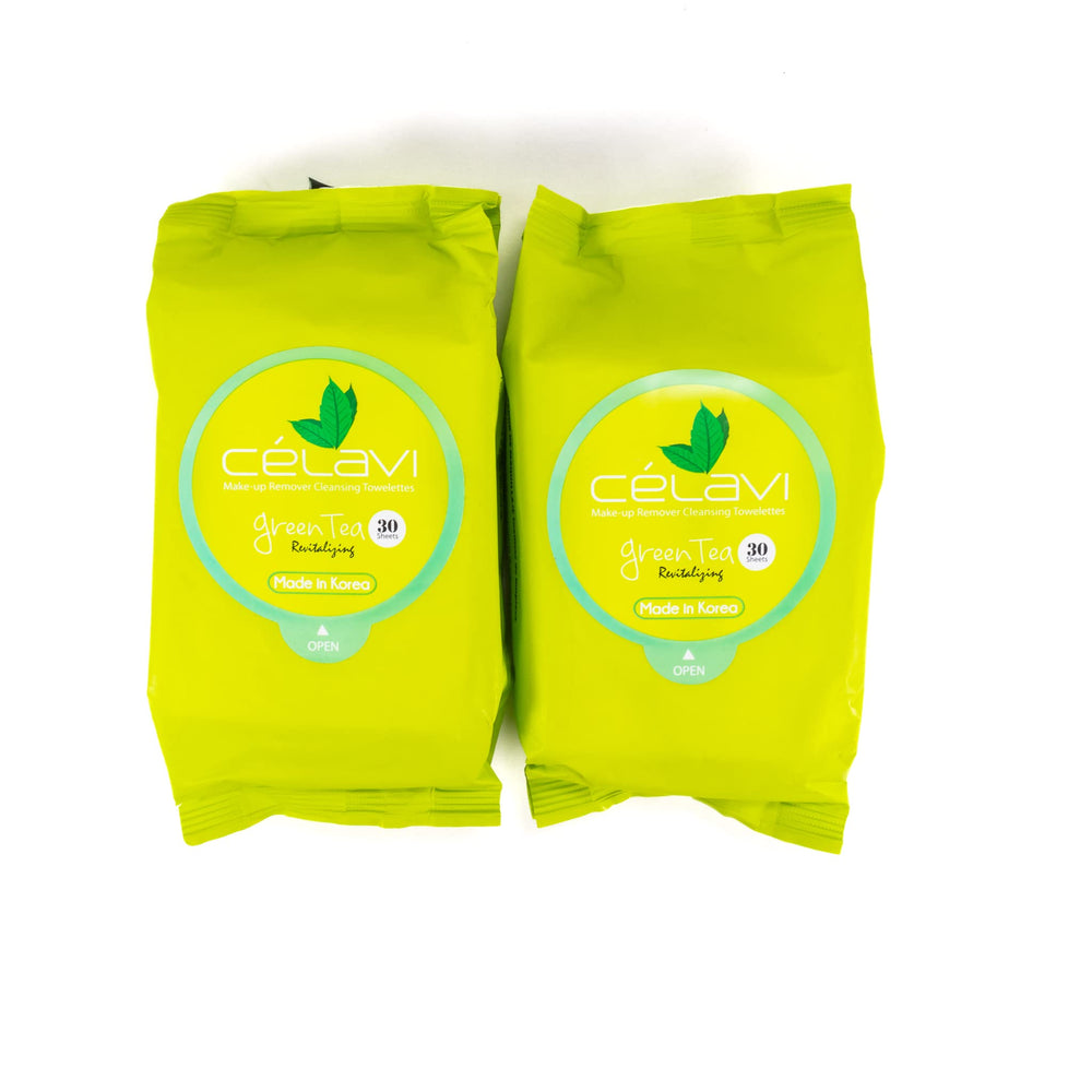 Celavi Green Tea makeup remover wipes pack, convenient cleansing on the go.