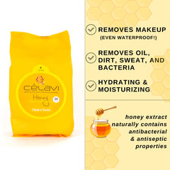 Celavi Honey wipes on face close-up illustrating makeup removal
