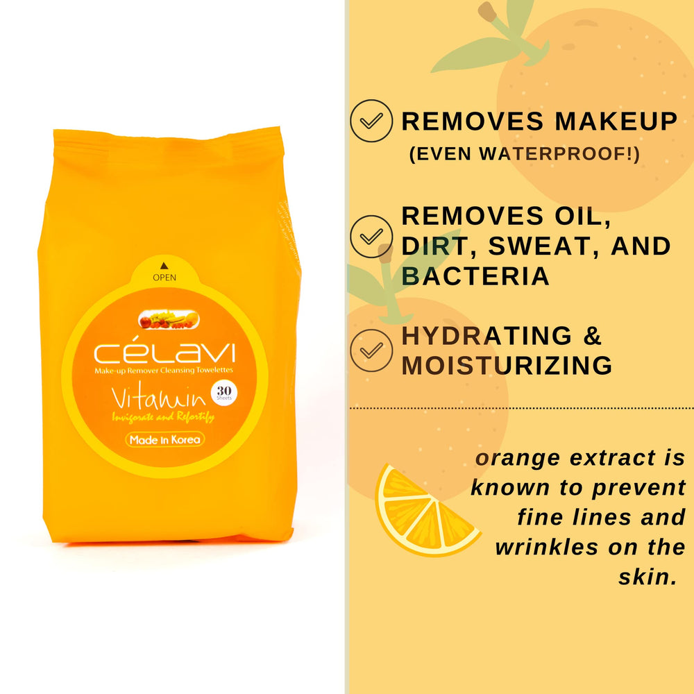 Celavi Vitamin makeup remover wipes in use on face for quick removal