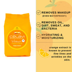 Celavi Vitamin makeup remover wipes in use on face for quick removal