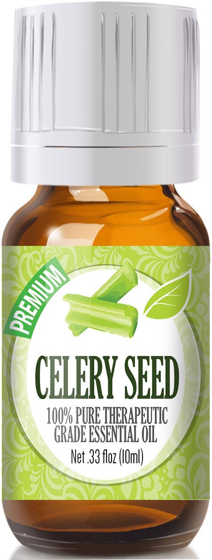 Celery Seed Essential Oil in amber 10ml glass bottle with eyedropper