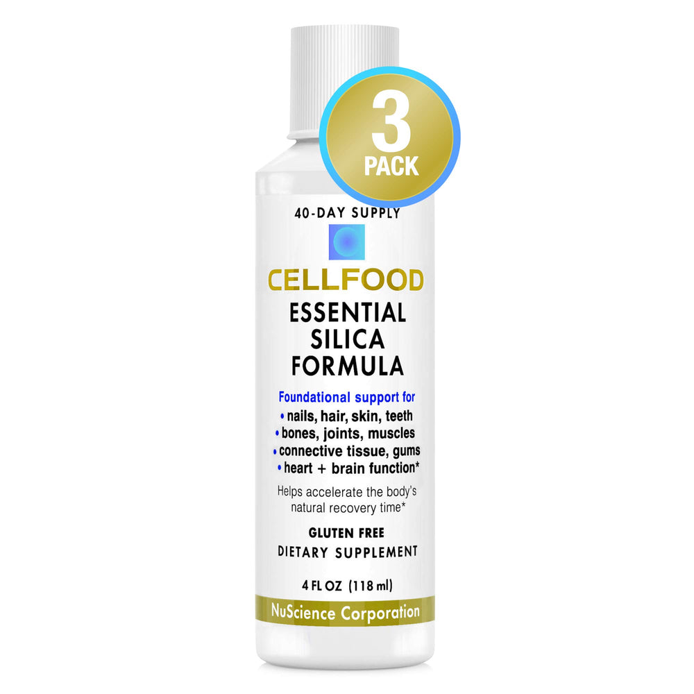 Front view of Cellfood Essential Silica 4 oz bottle in a 3-pack