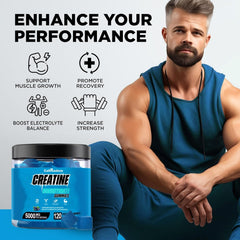 Nutrition facts panel showing 5g creatine monohydrate per serving with L-Taurine and Vitamin B12