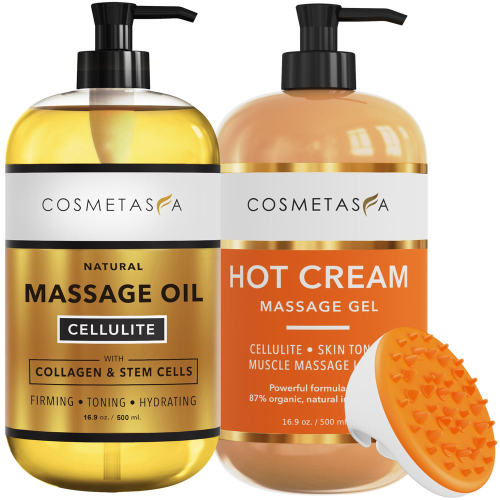 Cellulite massage oil, gel, and mitt bundle – full product setup