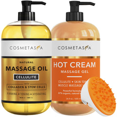 Cellulite massage oil, gel, and mitt bundle – full product setup
