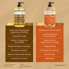 Anti-cellulite massage oil bottle and hot cream tube