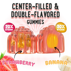 Close-up of center-filled gummies showing dual flavors.