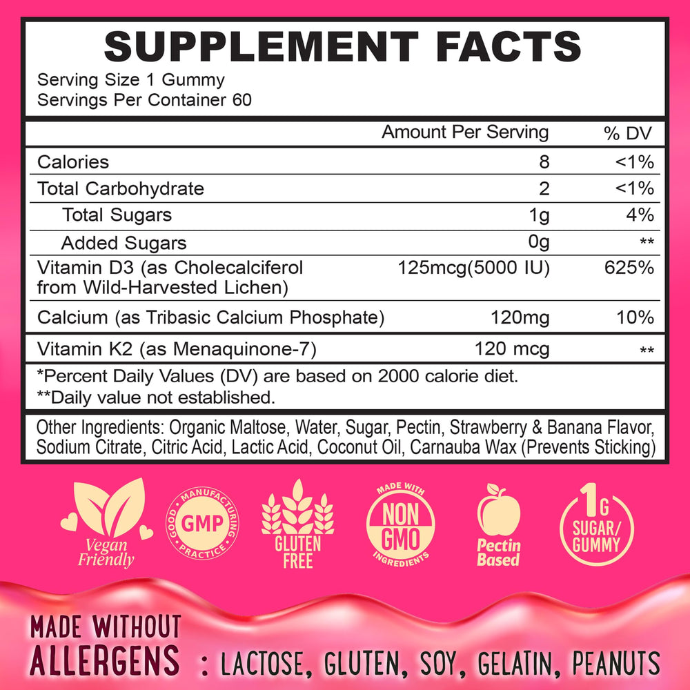 Nutrition panel showing D3, K2 and calcium content for Center-Filled Gummies
