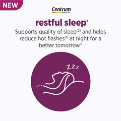 Centrum Restful Sleep DailyZz bottle highlights improved sleep quality and focus.