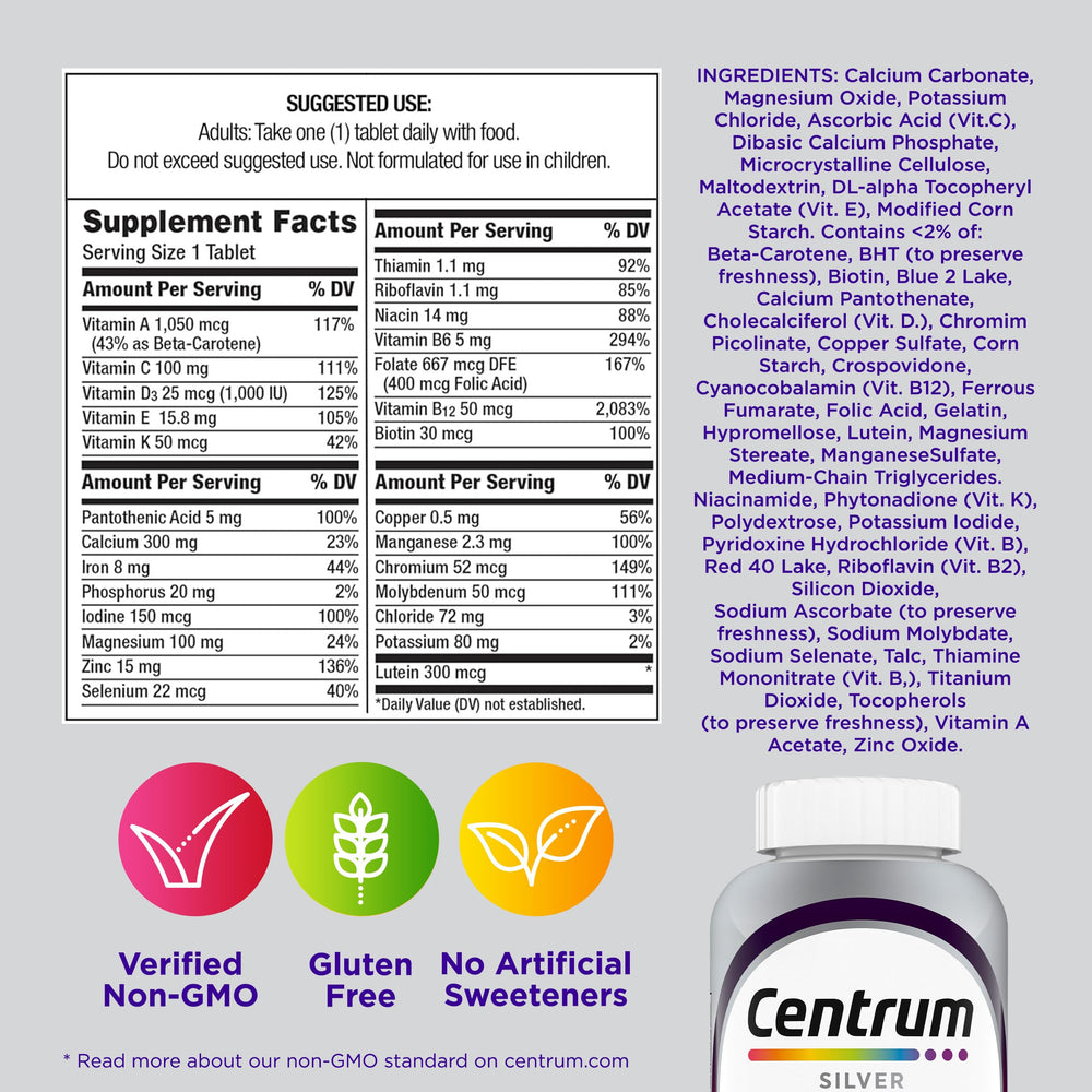 Non-GMO and gluten-free labeling on bottle