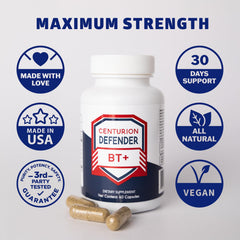 Front label of Centurion Defender BT+ bottle showing 60 capsules