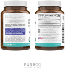 Side view of certified organic blueberry extract capsules bottle