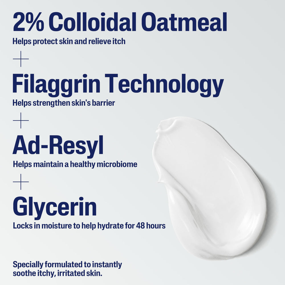 Hands applying Cetaphil Restoraderm to dry skin.