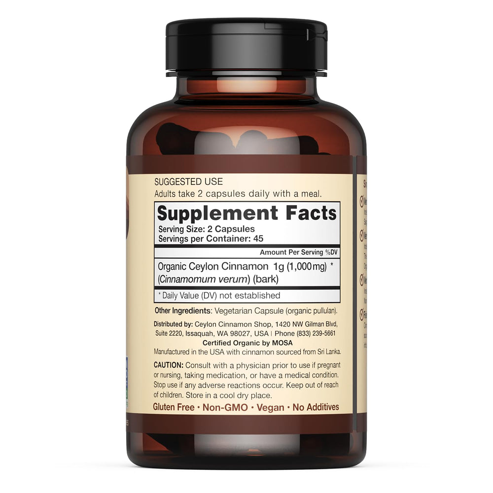 Close up of label showing 100 percent Ceylon cinnamon and Purity-IQ certification