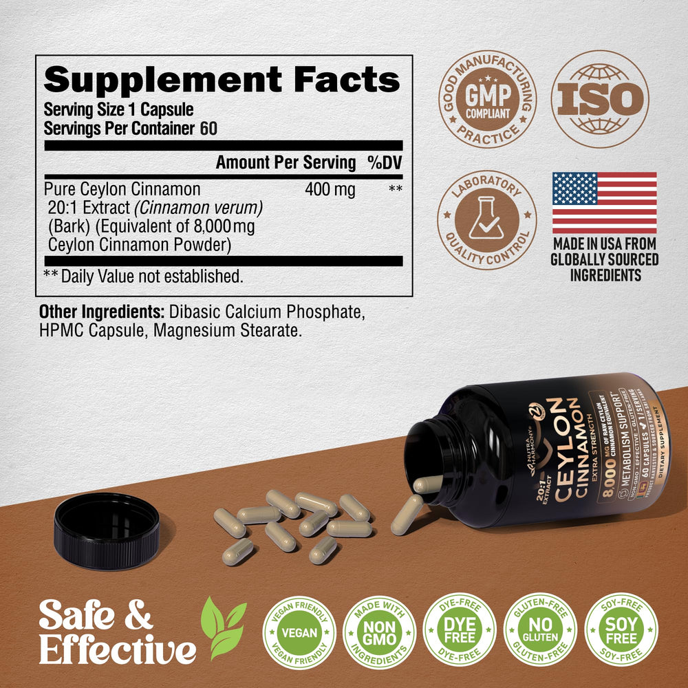 Ceylon Cinnamon capsules highlighting GMO-free and gluten-free notes