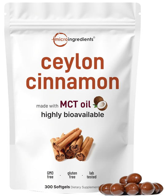 Front bottle of Micro Ingredients Ceylon Cinnamon softgels with MCT oil