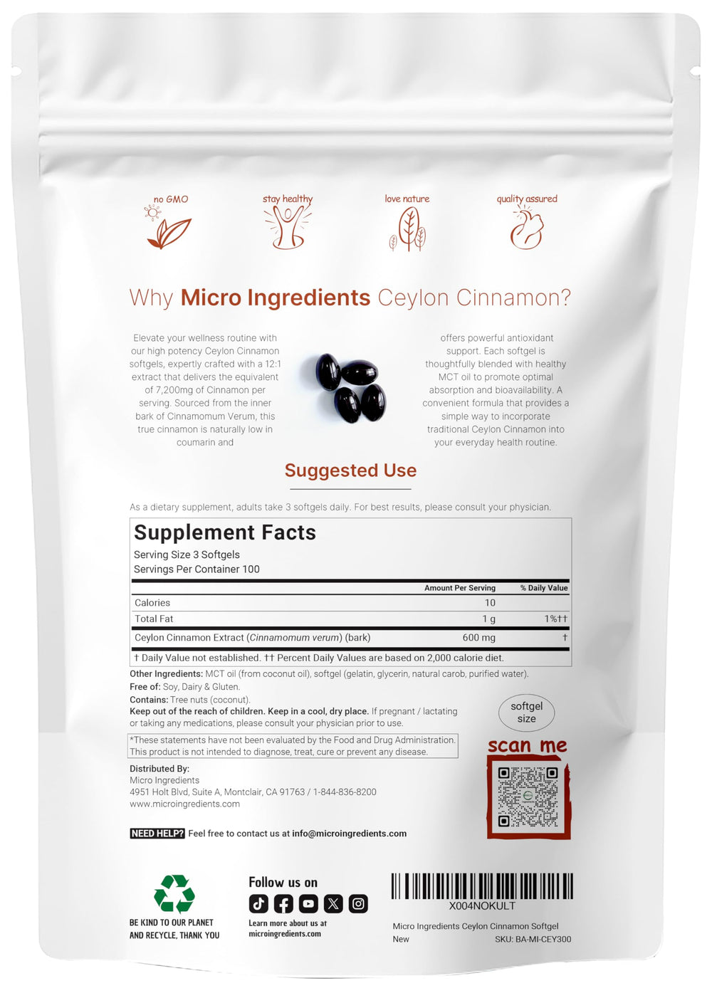 Pouch containing 300 softgels of Ceylon Cinnamon with MCT oil