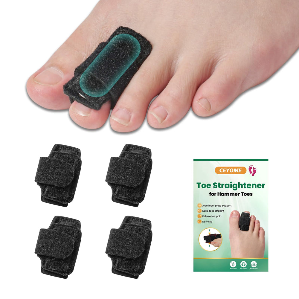 CEYOME hammer toe straightener four-pack close-up shows sturdy aluminum plate for toe support